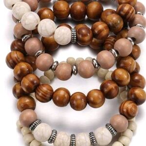 Natural Wood and Stone Beaded Bracelet Set
